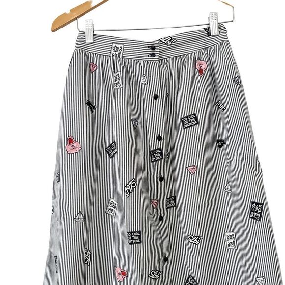 Zara Basics Twee Black White Pinstripe Quirky Pattern Buttons Full Skirt - Picture 16 of 16